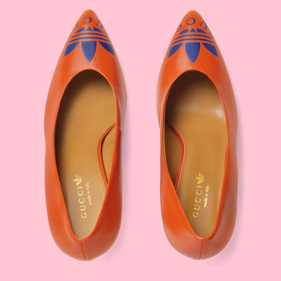 GUCCI SHOES ADIDAS X TREFOIL ORANGE LEATHER PUMPS w LOGO sz 37 / 7 - Picture 2 of 16